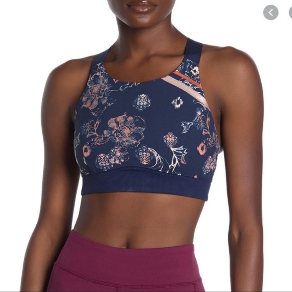 Free People Sports Bra Small Navy Blue Floral Freestyle Racerback Athletic